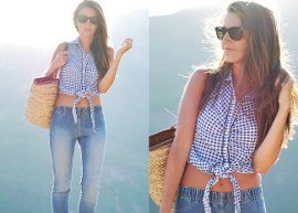 Modelo usando estampa xadrez vichy