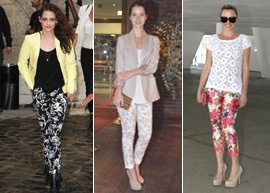 Kristen Stewart, Nathalia Dill e Nathalia Rodrigues com calça floral