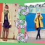 looks em tons de violeta e amarelo mostarda
