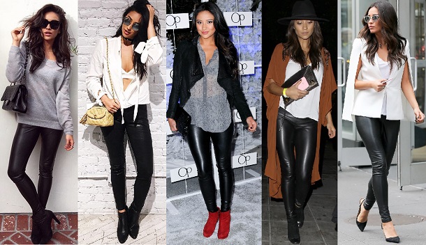 5 looks diferentes da atriz Shay Mitchell usando a mesma calça