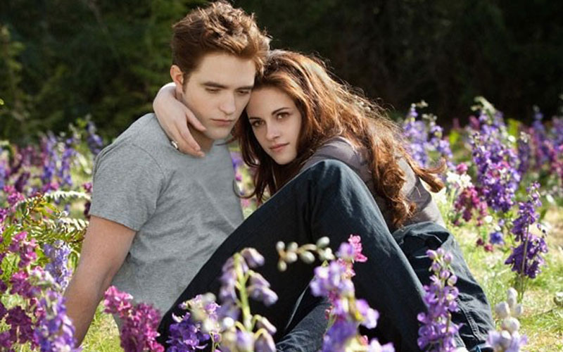 bella e edward de crepúsculo sentados em um jardim