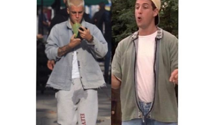 Montagem de instagram de Justin Bieber com ele de calça molhada e o personagem Billy Madison