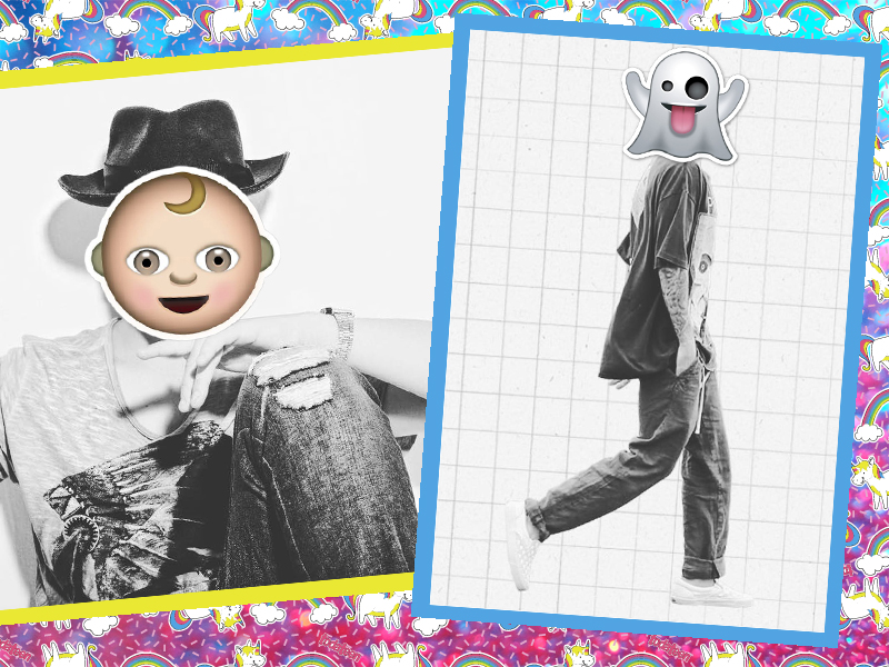 Montagem de Justin Bieber e João Guilherme com emojis na cabeça