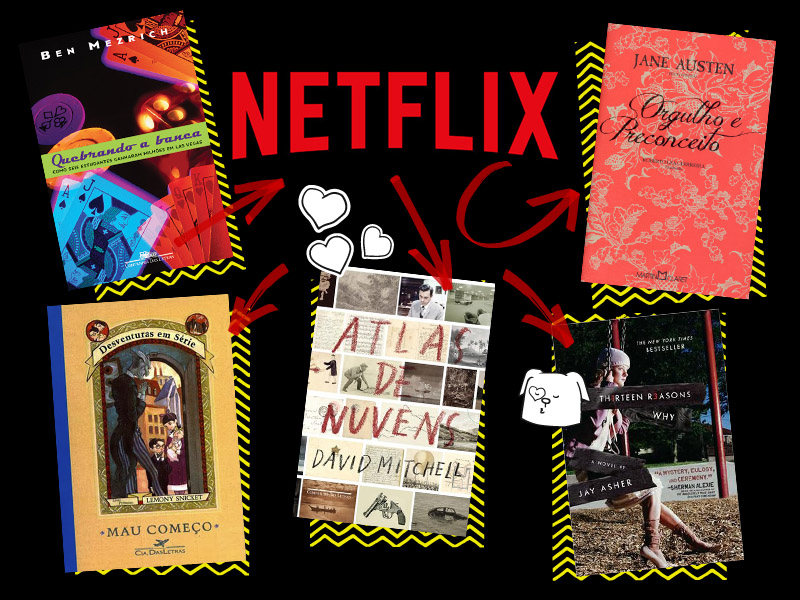 Logo da Netflix com algumas capas de livros numa montagem em fundo preto