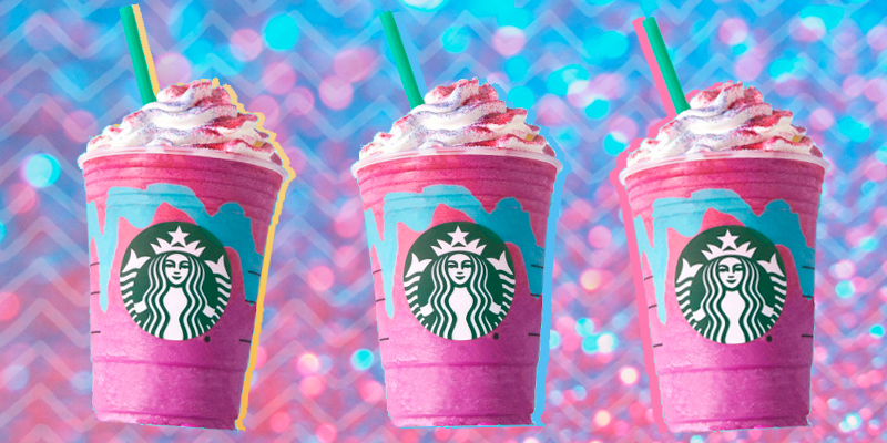montagem com o frappuccino de unicórnio da starbucks