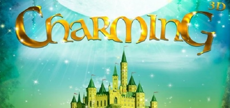 Logo da animação Charming, em verde e amarelo, com um castelo de princesa ao fundo