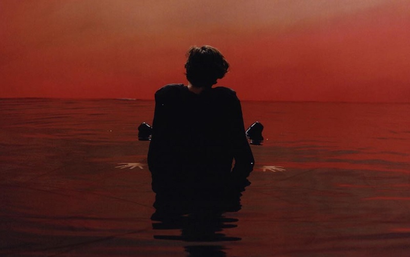 silhueta de Harry Styles de costas em fundo vermelho