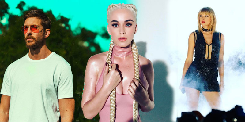 montagem com fotos do Calvin Harris, Katy Perry e Taylor Swift