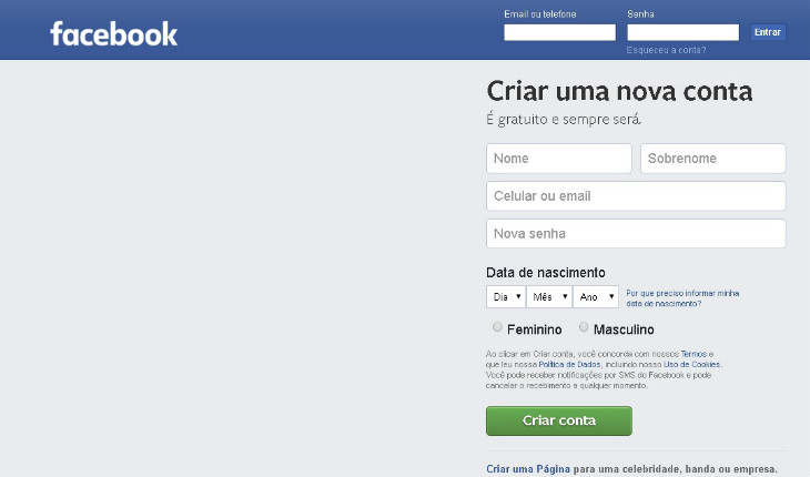 Tela de Login do Facebook