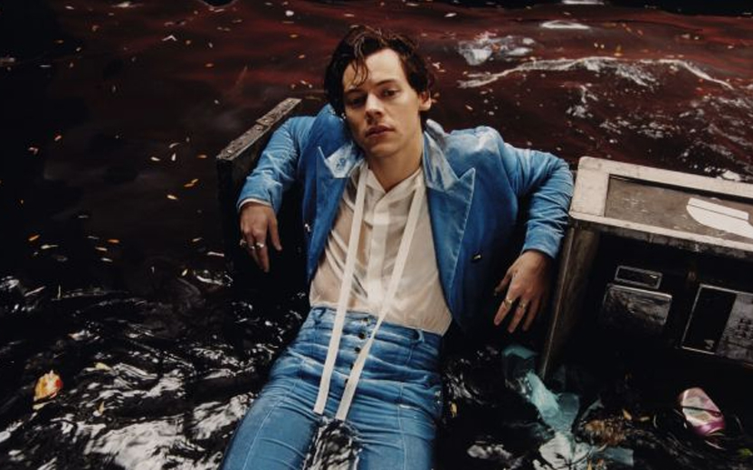 harry styles sentado em objeto que parece estar afundando na água