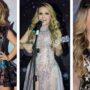 Larissa Manoela aparece em 3 fotos com looks diferentes, uma com um macacão preto com transparência e estrelas, um vestido curtinho e botas over the knee para a balada e um vestido longo cheio de pedras