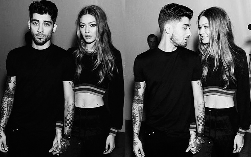 duas fotos em preto e branco de zayn e gigi hadid lado a lado, de mãos dadas, uma com eles olhando para a câmera e outra com eles olhando um para o outro