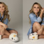 Larissa Manoela vestindo short jeans, t-shirt, camisa jeans e pantufas de unicornio