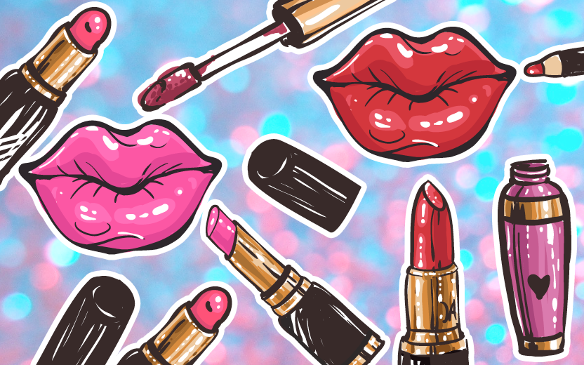 batons baratinhos - imagem com fundo roxo e rosa e vários batons e bocas