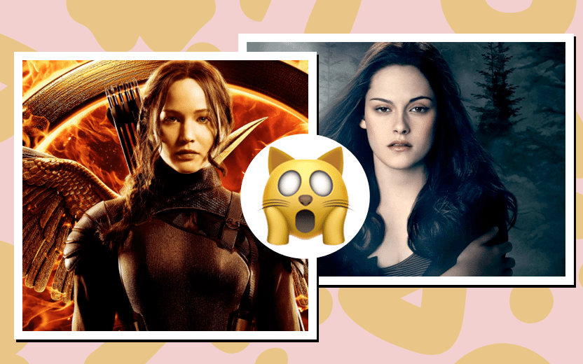 montagem de fotos das protagonistas de Crepúsculo e Jogos Vorazes