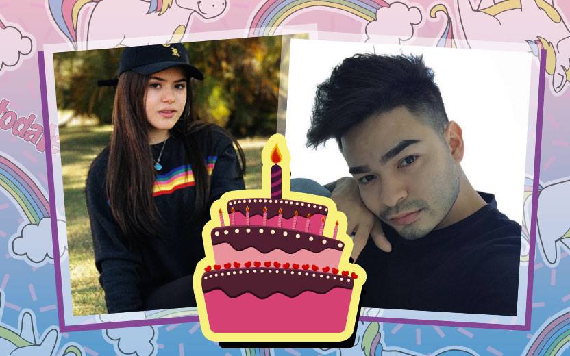 montagem de fotos da maisa e do yudi com um bolo de aniversário