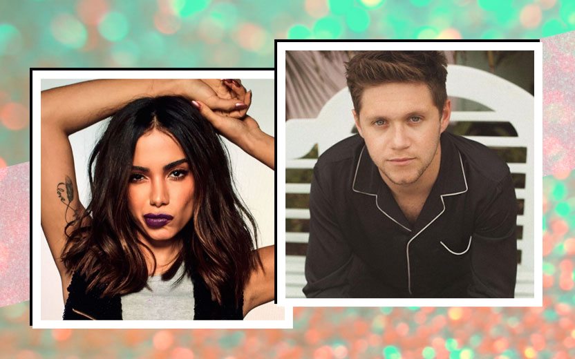 Niall Horan no Brasil canta Anitta. Montagem de fotos de Niall Horan e Anitta