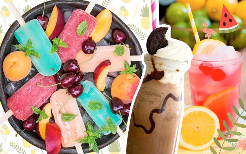 Picolé, frapuccino, limonada rosa, frutas