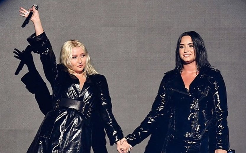 Demi Lovato e Christina Aguilera no clipe de Fall In Line