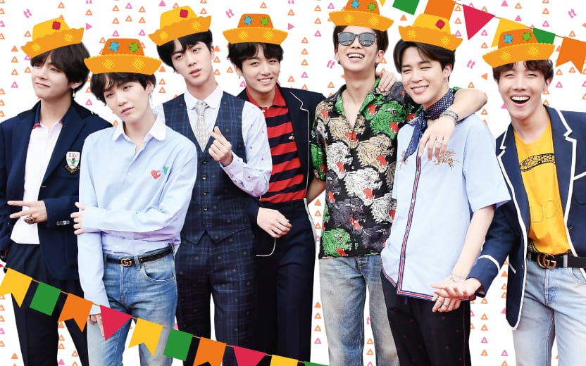 Membros do BTS com chapéu de festa junina