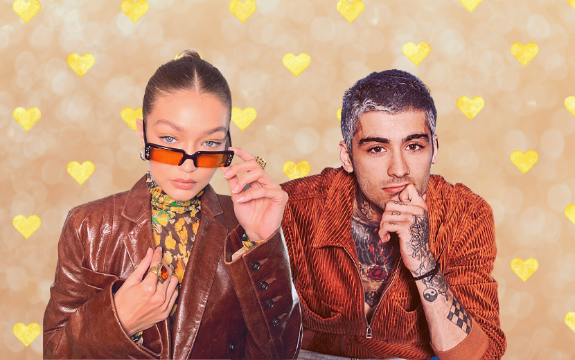 Gigi Hadid e Zayn Malik em um fundo de corações