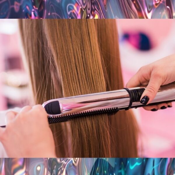 Pessoa utilizando chapinha para alisar o cabelo em um salão de beleza.