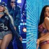 À esquerda, Beyoncé se apresenta em um show usando chapéu preto, jaqueta e shorts brilhantes; à direita, Rihanna posa de biquíni estampado encostada em uma parede de azulejos azuis.